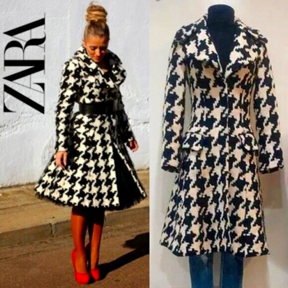 💋RETRO CHIC💋STUNNING VTG 60s Vibe Hundstooth Tweed Wool Coat in Black & White